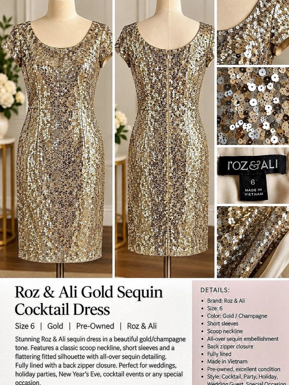 Roz & Ali Gold Sequin Cocktail Dress Mini Dress Size 6 Like New